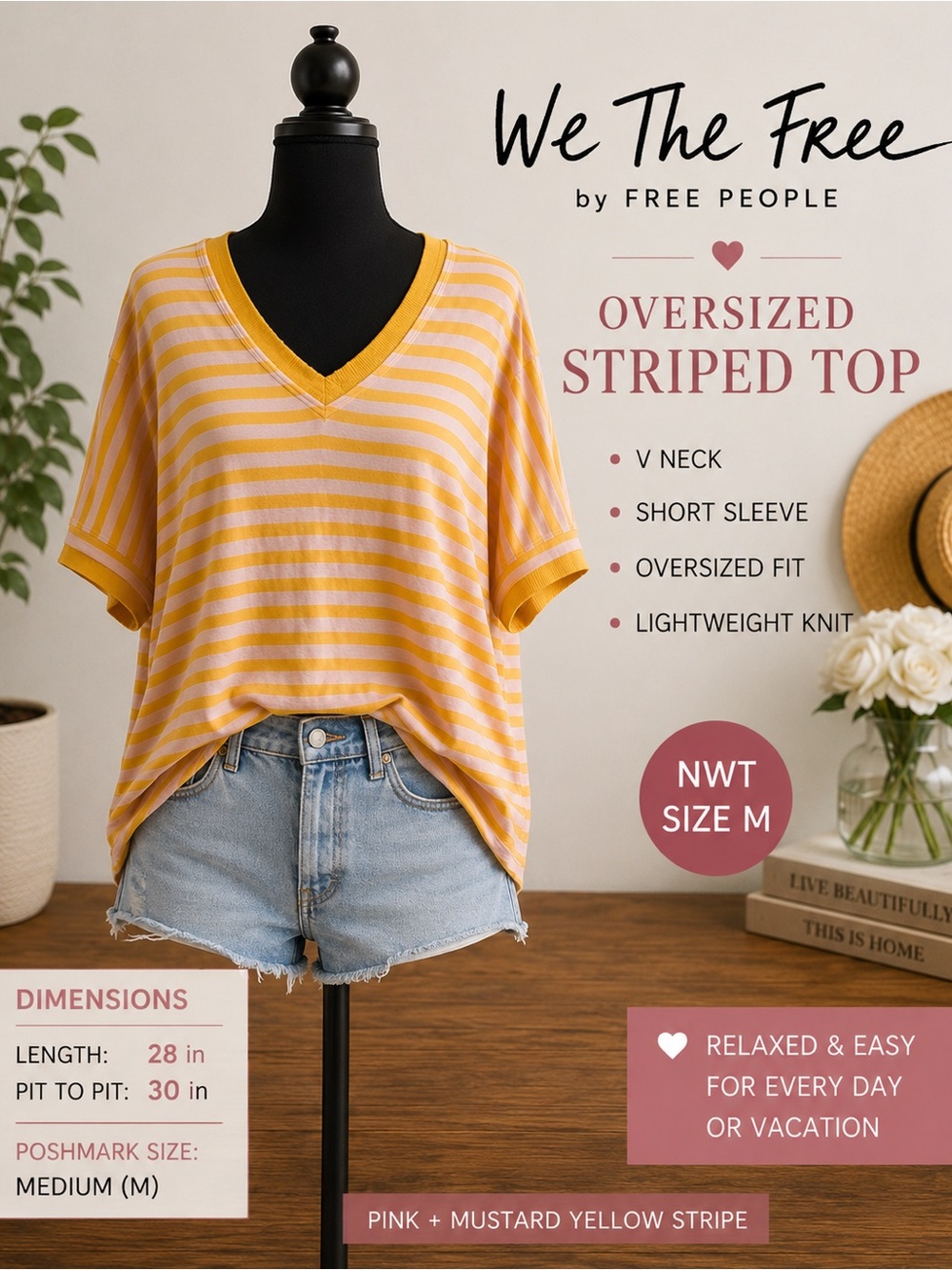 We The Free Pink & Mustard Yellow Striped V‑Neck Tee